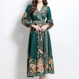 Fongt Court Retro Cross V Tie With Belt Lantern Sleeve Print Big Pendted Dress Woman 2025 Spring
