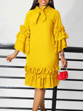 Fongt Summer And Autumn New Fashion Casual Style Lotus Side Horn Sleeve Large Dress