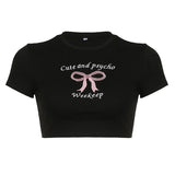 Girl Hit The Color Bow Embroidered Slim Short-Sleeved Blouse Ultra-Short Sweet Navel Sexy T-Shirt Girl-Outfit