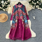 Fongt Folded Dress Women's Autumn 2025 Retro Collar Long Sleeves Loose A-Word Printing Skirt