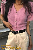 Short-sleeved Women Summer Simple Solid Knitted Cardigan V-neck Slim Crop Top Thin Knitwear