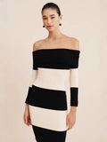 Fongt Women's Fashion Elegant Shoulder-To-Shoulder Knitted Blouse Striped Shoulder-Long Dress