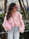 Fongt High-End Design Pure Color Temperament Chiffon Lotus Side Zipper Top With Comfortable Loose Long-Sleeved Shirt