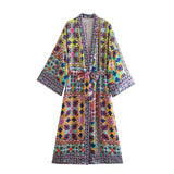 Women Fashion With Belt Printed Open Kimono Dress Vintage Long Sleeve Split Hem Female Dresses Vestidos