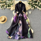 Fongt Dress Women's Fashion Collared Belt Long Pressured Folding Printing Jacket