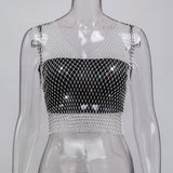 Fongt Nightclub Dresses Fishnet Hollow Out Rhinestone Vest Mesh Flash Diamond Sling Top