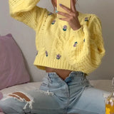 Crochet Women's Cropped Sweater Pullovers Lantern Sleeve Hollow Out Sweaters Female 2021 Autumn Fashion Sweet Office