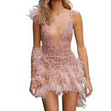 Fongt Women's Wish Feather Sling Skirt Deep V Collar Sexy Club Party