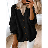 Fongt And Winter New Single-Dbutton V-Neck Sweater Women Loose Lantern Sleeve Jacket