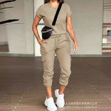 Women's Solid Color Round Collar Top Multi Pocket Jog Pants Set-LZS7514-Outfit