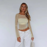 Fongt Summer New Round Neck Long Sleeve Mesh Perspective Exposed Waist Top With Hot Girl T-Shirt