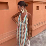 Fongt Women's Explosive V-Neck Crochet Sling Striped Back Dress Party Is Thin