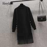 Size Women Basic Knitting Sweater Dresses Autumn Winter Long Sleeve Mesh Patchwork Beading Dresses Warm Dresses 4XL