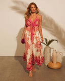 Fongt New Spring-Summer V-Necked Women's Sling Print Fairy Gas Long Temperament Dress