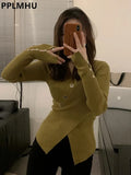 Irregular Sweater For Women Casual V-neck Slim Knitted Tops Korean Design Knitwear Jumper Spring Fall Bottomed Pullover