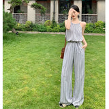 Fongt Photo Striped Neck Vest Wide Leg Pants Suit Female Ins Style Korean Version Fashion Two Set-Outfit