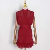 Patchwork Layered Ruffle Hem Dress For Women Turtleneck Sleeveless High Waist Solid Mini Dresses Female Summer