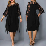Fongt Women's Lace Splicing Seven-Sleeve Irregularly Sleeves Chiffon Dress Women