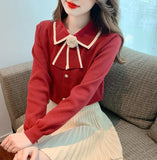 Fongt Autumn New Female Fragrant Wind Bottoming Spliced Temperament Sweater College Style Doll Collar Bow Knitted