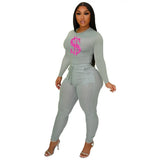 Solid Women Skinny Two Piece Sets Spring Bodycon Tracksuits Dollar Print Top And Leggings Pants 2pcs Outfits 2022