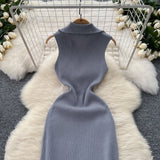 Fongt A Small-Sized Lap Collar Zipper Sleeveless Dress Women Decorate The Body Thin Leisure Medium Long Over-膝 Knit Dress