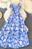 Women Beach Long Dress Summer Sexy V Neck Spaghetti Strap Backless Boho Floral Dresses Woman A-line High Waist Party