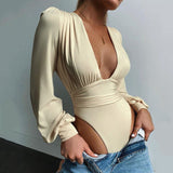 Fongt And Autumn Jacket Women's Sexy Long Sleeves Deep V Waist Pleated Temperament