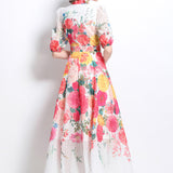 Fongt Famous Bow Tie With Lantern Sleeve High-Rise Dress Female Thin Elegant Print Dress