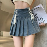 Chic Blue Denim Skirt for Women 2024 Summer New High Waist A-line Skirts Y2k E-Girl Drawstring Bow Faldas Mujer-Outfit