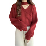 Fongt Languid Wind Shows Thin Casual Solid Color Knitting Inside The 2024 New V-Collar Loose Lantern Sleeve Sweater Female-Outfit