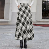 Fongt Autumn Lady High-Rise Thin Lattice A-Shaped Skirt Party Casual Loose Swing Umbrella Skirt