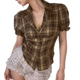 Fongt College Style Retro Check-Colored Bubble Sleeves Slim Slim Collar Buckle Short-Sleeved Shirt T-Shirt