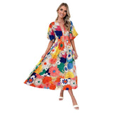 Fongt Women's Summer New Flower Print Bubble Sleeve A-Shaped Long Dress Temperament Dress