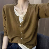 Fongt Two V-Neck Knitted Women's 2025 New Loose Thin Tops Long-Sleeved Sweater Bottom Shirt