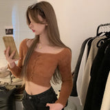Crop Tops Square Collor Women Knit Sweater Sweet Elegant Female Autumn Solid Color Elegant Pullover Korean Clothing Chic-Outfit