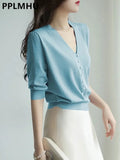 Pearl Button Knit Tops Women Candy Color V-neck Summer Tshirts V-neck Half Sleeve Tee Slim Knitwear Jumper Casual