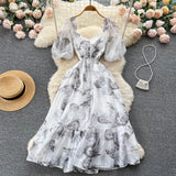 Fongt Coat Collar Fairy Summer Dress Design Dress Waist Ink Niche New Dress Print