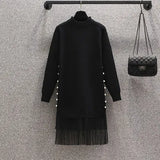 Size Women Basic Knitting Sweater Dresses Autumn Winter Long Sleeve Mesh Patchwork Beading Dresses Warm Dresses 4XL