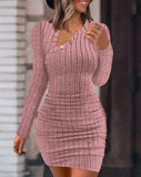New Women's Solid Color Off-The-Shoulder Diagonal Collar Tight Wrap Hip Stylish Slim Sexy Long-Sleeved Dress-Outfit