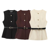 Fongt 2025 New Women's Round-Neck With Sleeveless Belt Vest Women's Top