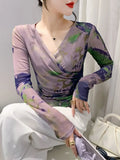 Wrinkled Cross V-Neck T-shirt Women Fashion Long Sleeve Mesh Printing Slim Fit High Stretch Tees Tops FF0890-Outfit