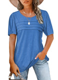 Fongt Women's Summer Round-Neck Short-Sleeved Chest Tuck Line Folded Blouse T-Shirt