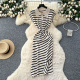 Fongt Chic Summer Dress Niche Retro Polo Collar Short-Sleeved Striped Dress Female Waist Temperament Open Long Dress