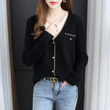 Solid Color Knitted T-shirt Button Female Clothing Korean Spring Autumn Fake Two Pieces Spliced Casual V-Neck Pullovers-Outfit