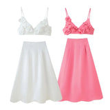 Fongt Women's Clothing In The Summer Of 2025 Fashion Two Colored Flowers Solid Colored Dress Set
