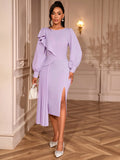 Fongt Elegant Lantern Sleeve Party Dress Irregular Lotus Folds On The Side Of The Fork Evening Dress Dress