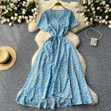 Fongt Piece Of V-Neck Tie With Short Sleeves Of Broken Flower Dress Women's Summer Thin Temperament French Dress