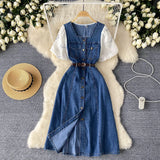 Fongt Dress Women's 2025 Summer Dress New Design Collar Bubble Sleeve Splicing Age-Sensitive Fashion Denim Long Dress