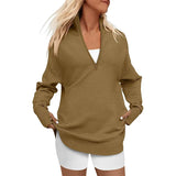 Fongt Hot Style Women's Long Sleeve Half Zipper V-Neck Casual Rib Knit Sweater Women's