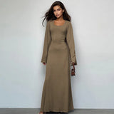 Fongt Women's New Autumn New Fashion Loose U-Neck Back With Long-Sleeved Dress-Outfit